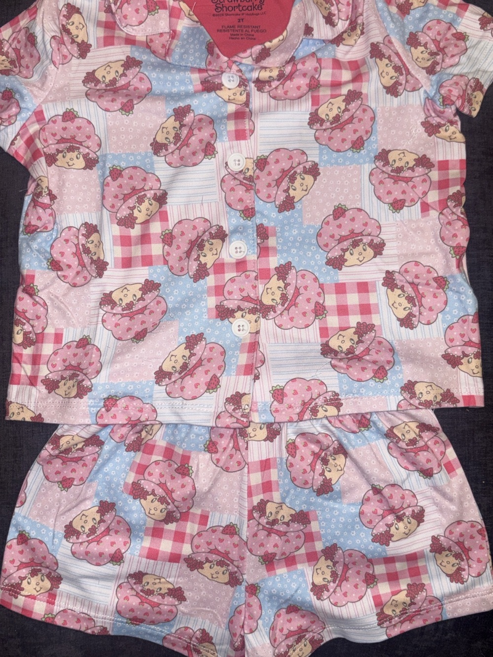 Girls Strawberry Patch Shortie Pajama Set - Pink/Blue